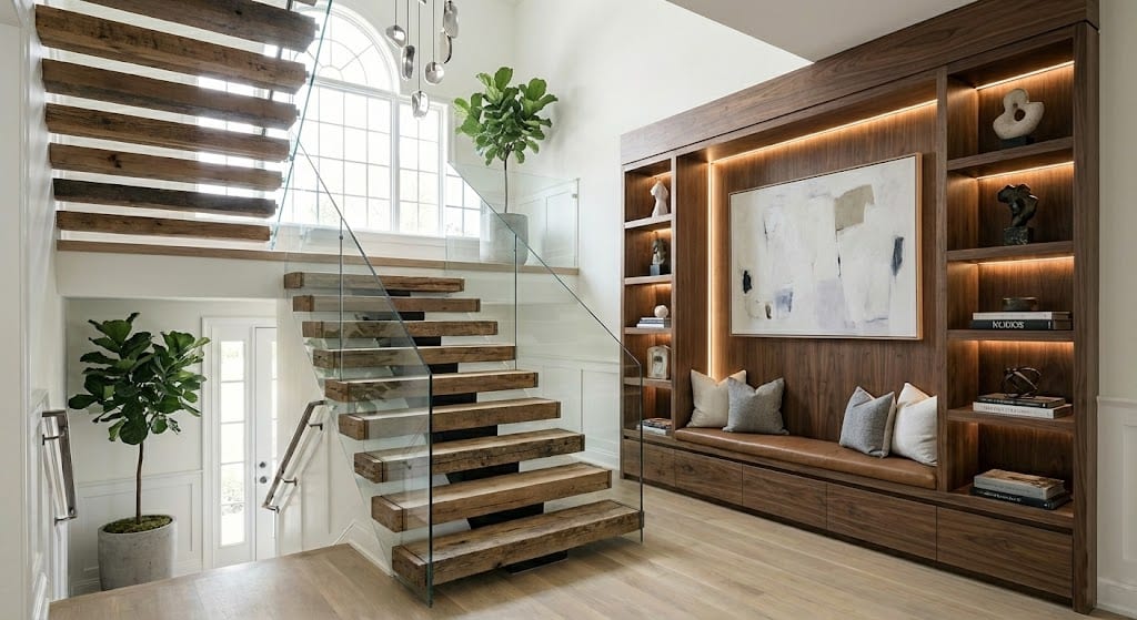 Bright staircase and hallway redesigned in a full home renovation.