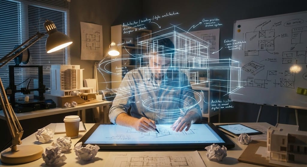 Initial conceptualization of architectural design in 3D.