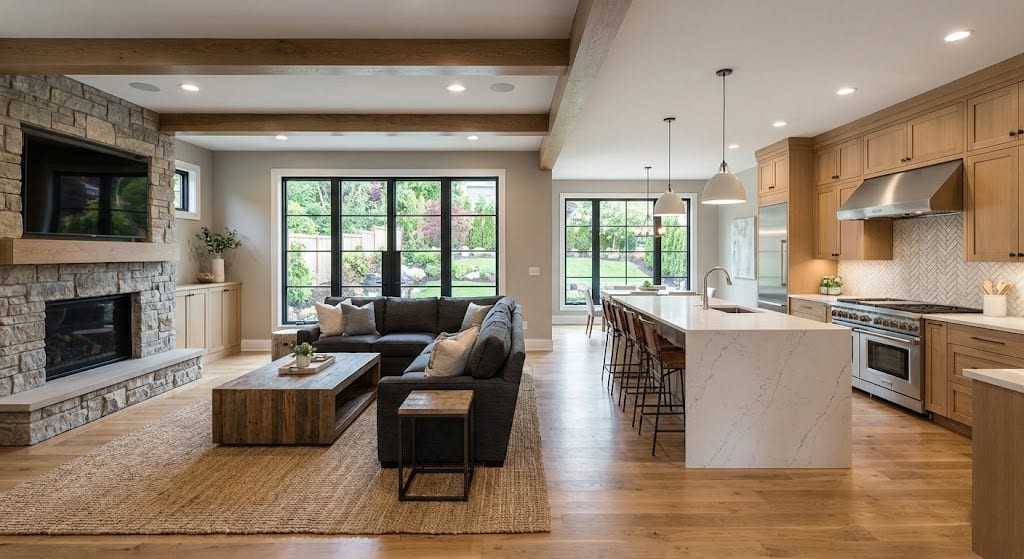 Open-concept living room and kitchen after full home renovation.