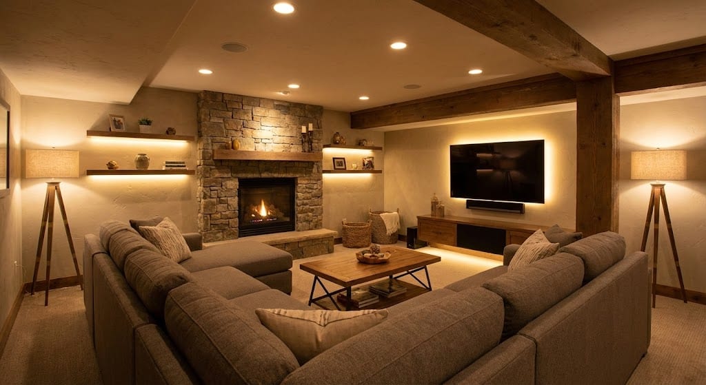 Finished basement with lounge seating and warm lighting.