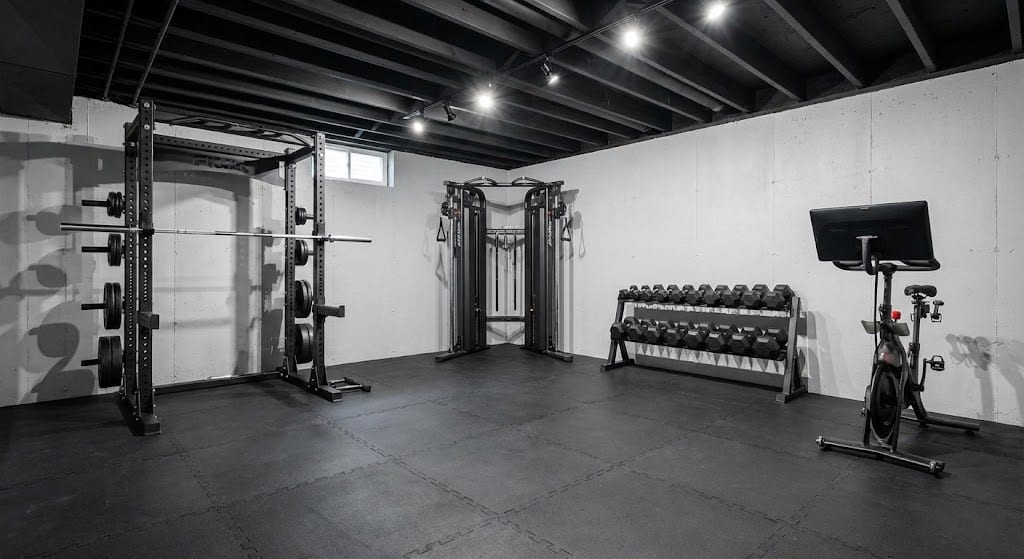 Basement gym with modern equipment and rubber flooring.