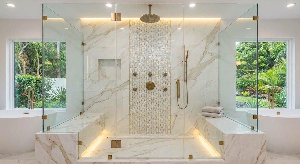 Luxury walk-in shower with glass enclosure and tile details.