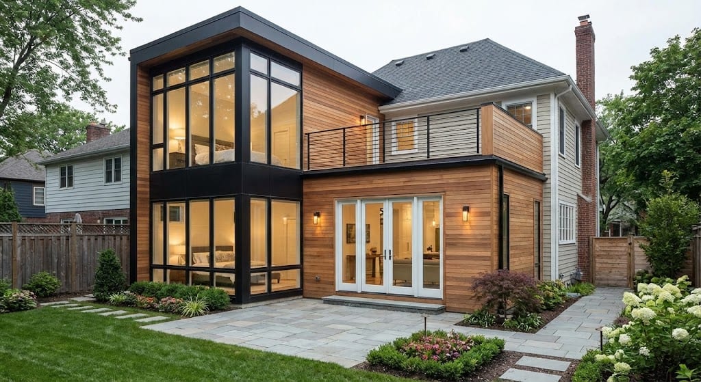 Primary suite addition with large windows and modern interior.