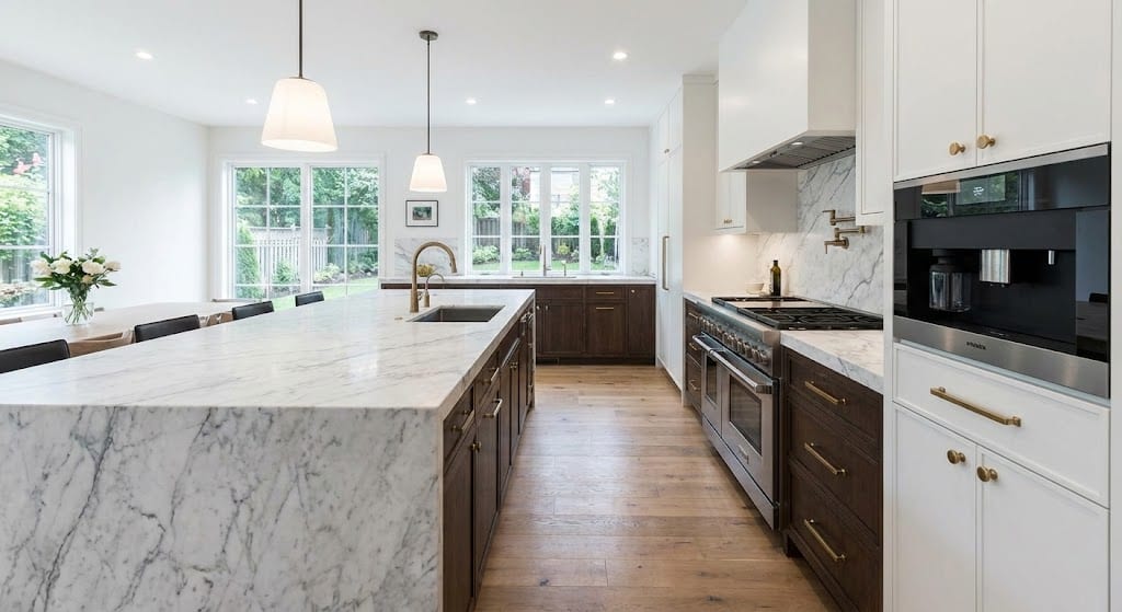 Luxury kitchen renovation with stone countertops and modern finishes.