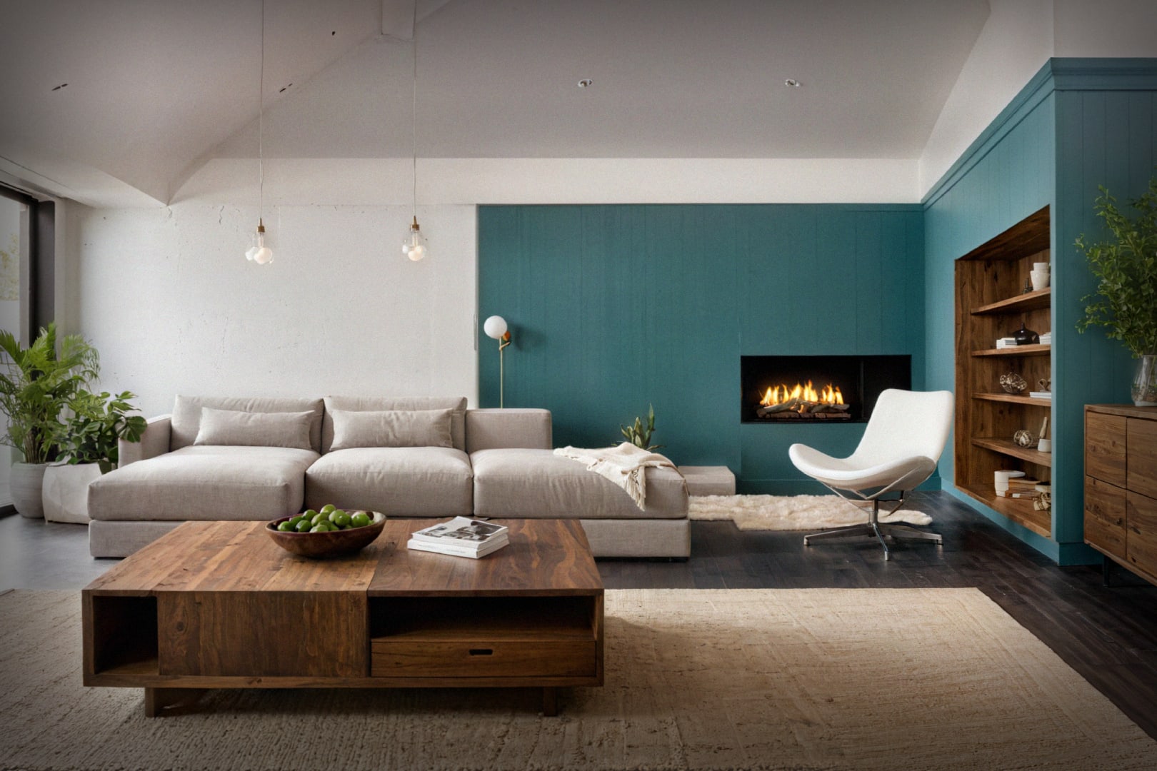 Modern living room with teal accent wall, neutral furniture, wood coffee table, and warm ceiling lighting