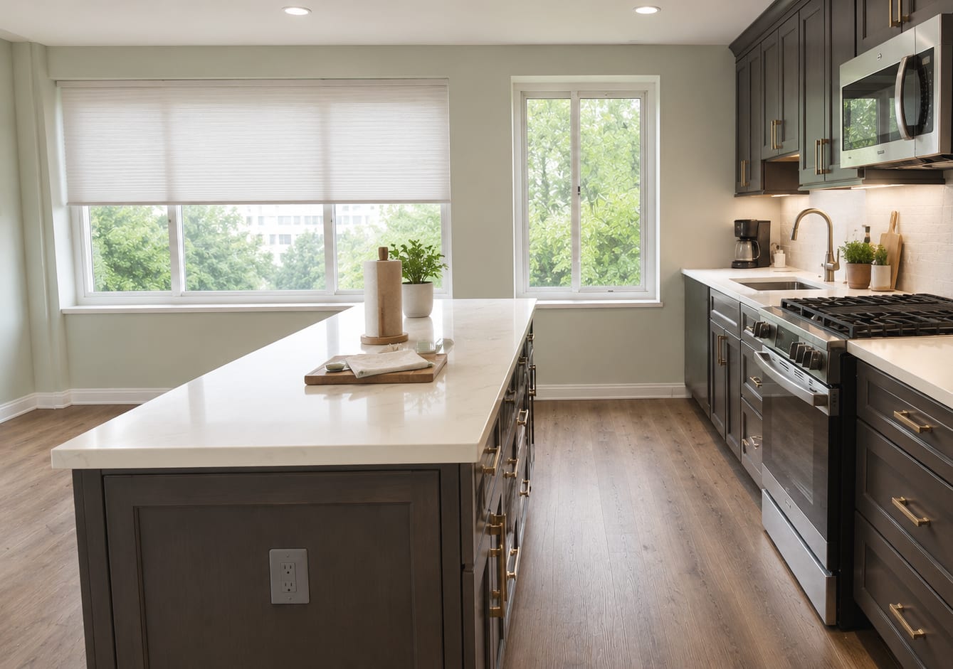 Charcoal gray kitchen island with quartz waterfall countertop and gold hardware