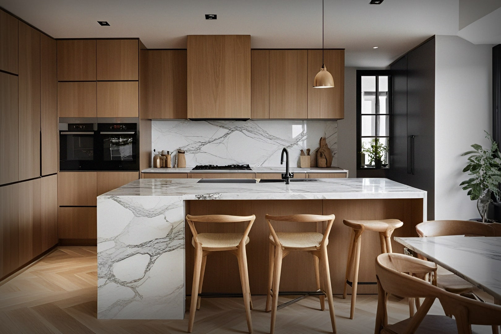 Sleek modern kitchen with light wood cabinets, marble waterfall island, and minimalist bar stools