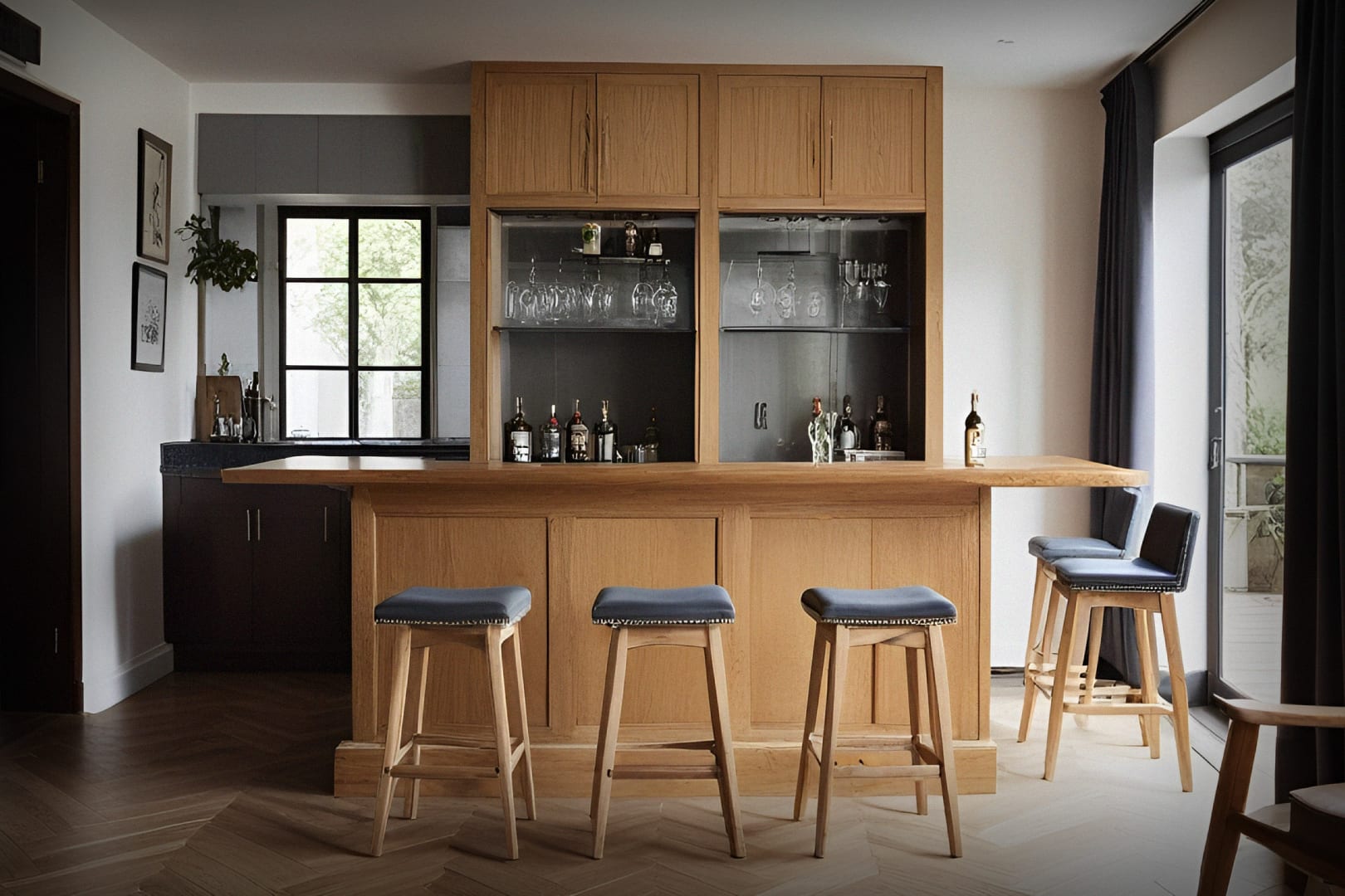 Contemporary home bar with minimalist wood cabinetry, built-in shelving, and three modern bar stools