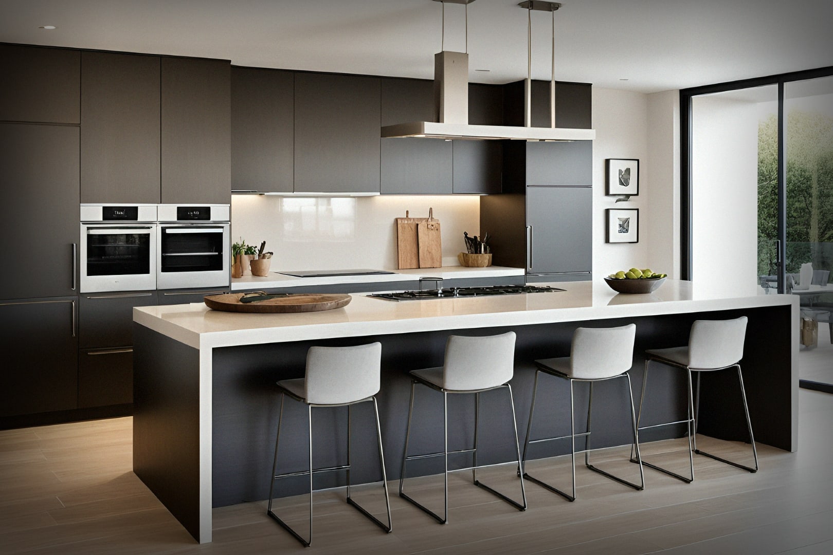 Luxury contemporary kitchen with dark cabinetry, center island, pendant lights, and integrated appliances
