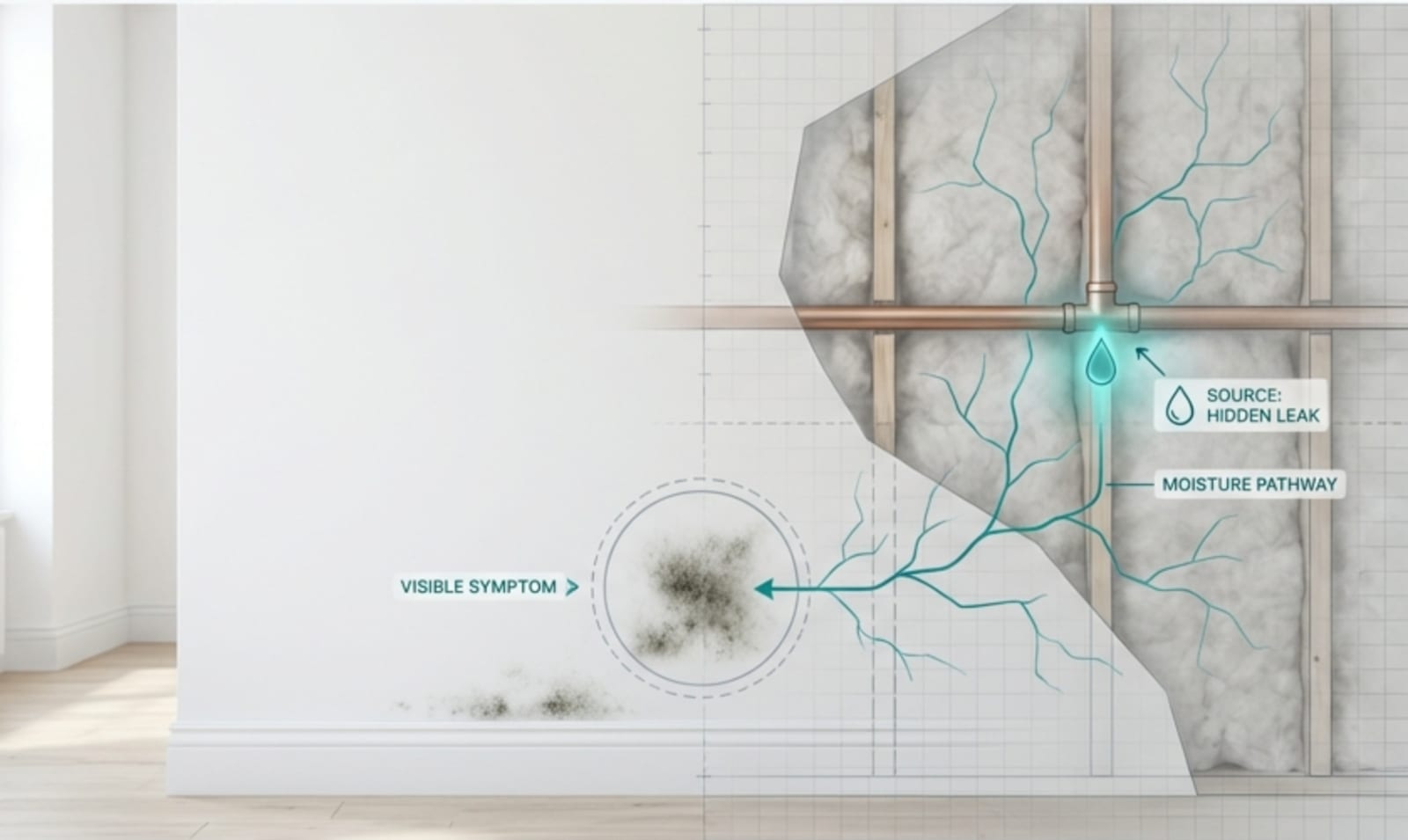 Diagram showing visible mold as a symptom of a hidden leak and moisture pathway inside the wall.