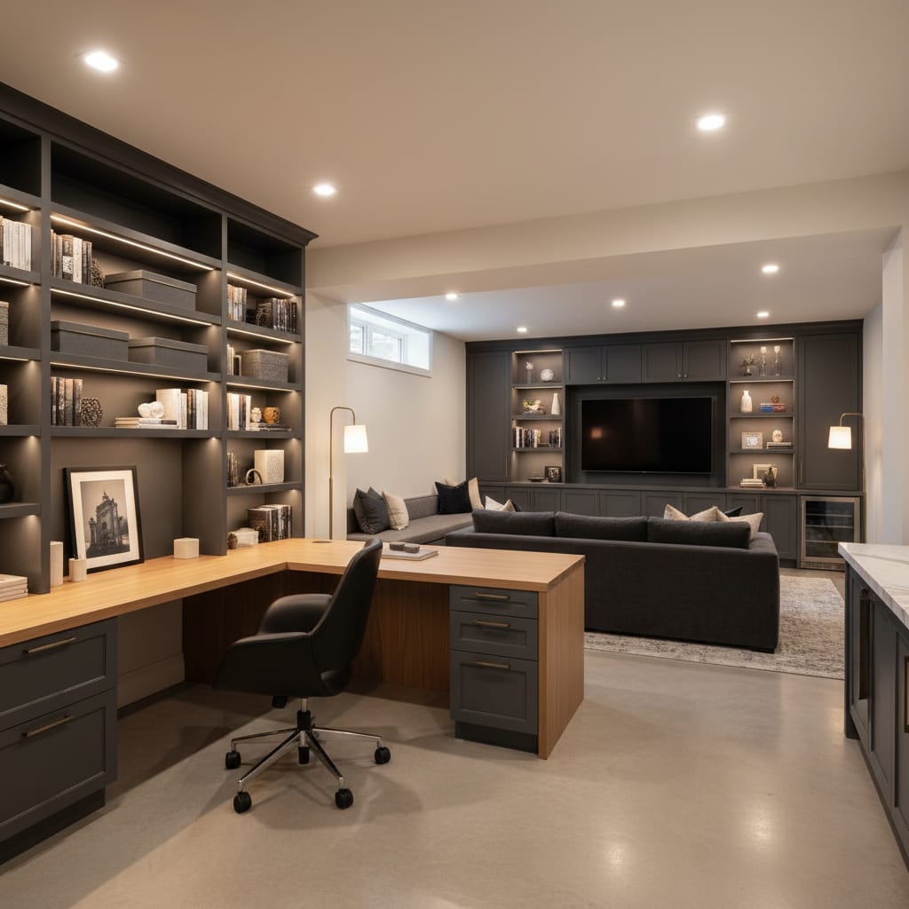 Basement renovation with home office and built-in storage.