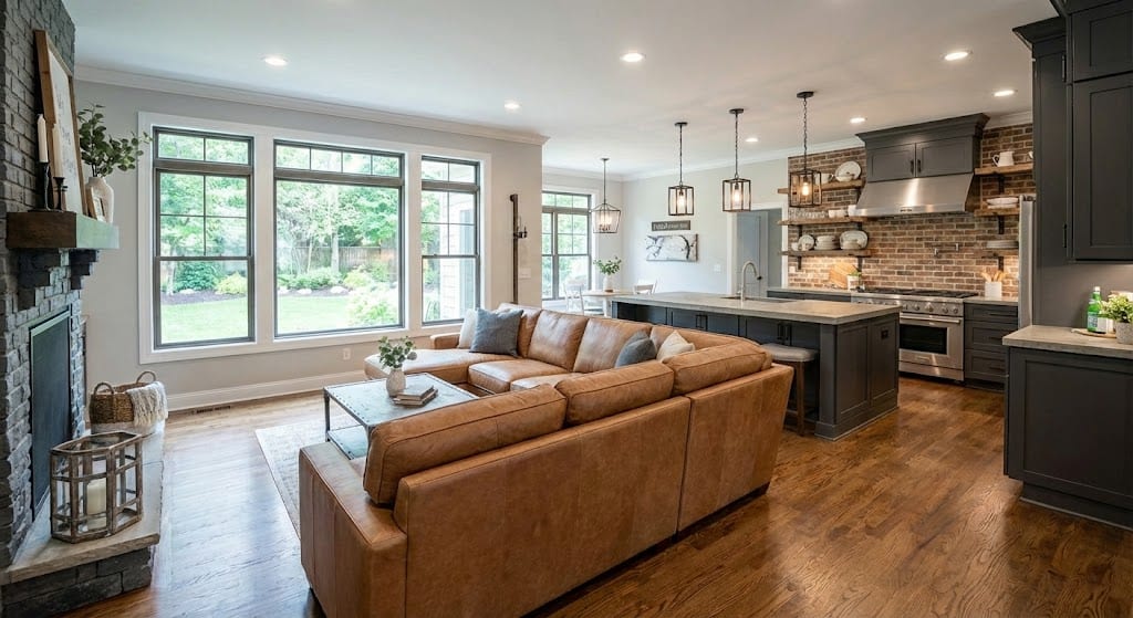 Open concept living, dining, and kitchen area after full home renovation.