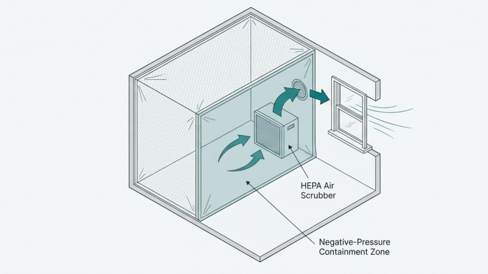 Negative-pressure containment zone with HEPA air scrubber protecting the rest of the home.