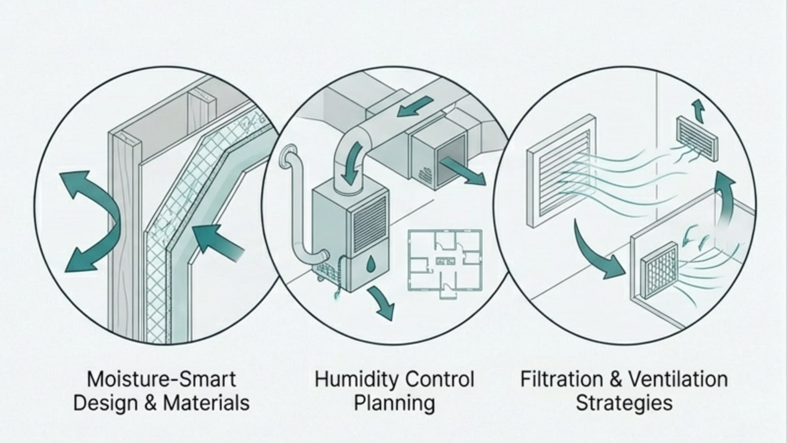 Illustration of moisture-smart assemblies, HVAC planning, and ventilation strategies.
