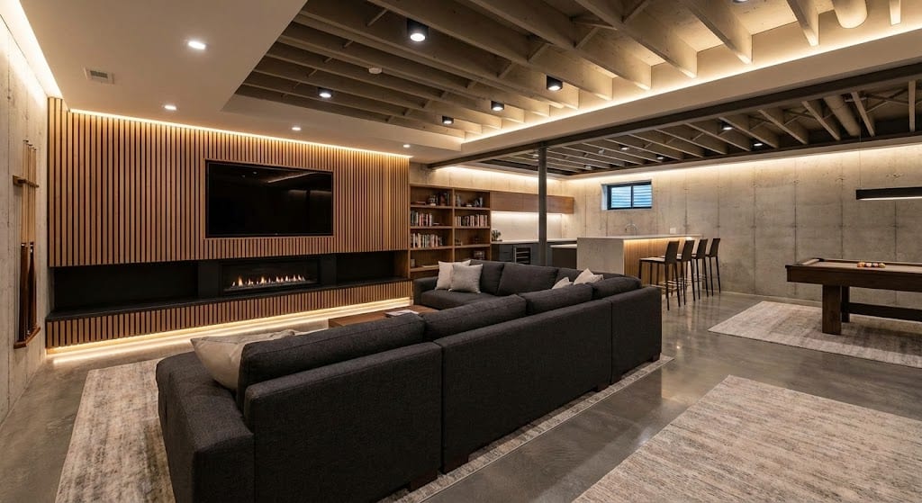 Modern finished basement with lounge area and built-in lighting.