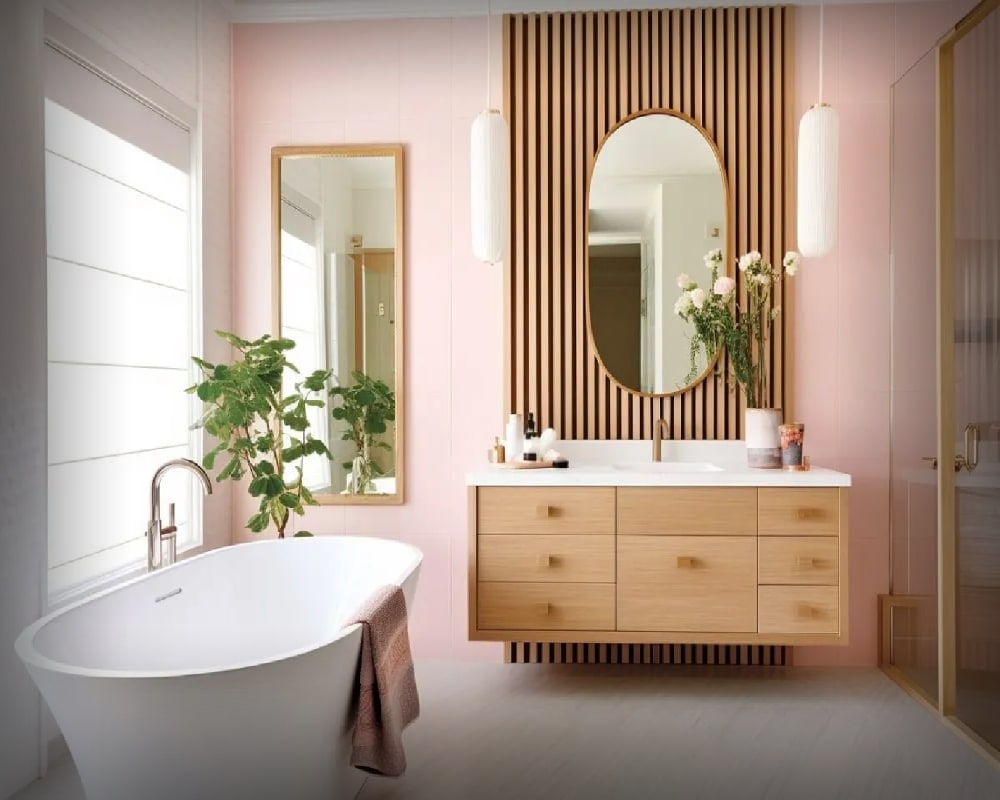 Spa-style bathroom with freestanding soaking tub and wood vanity