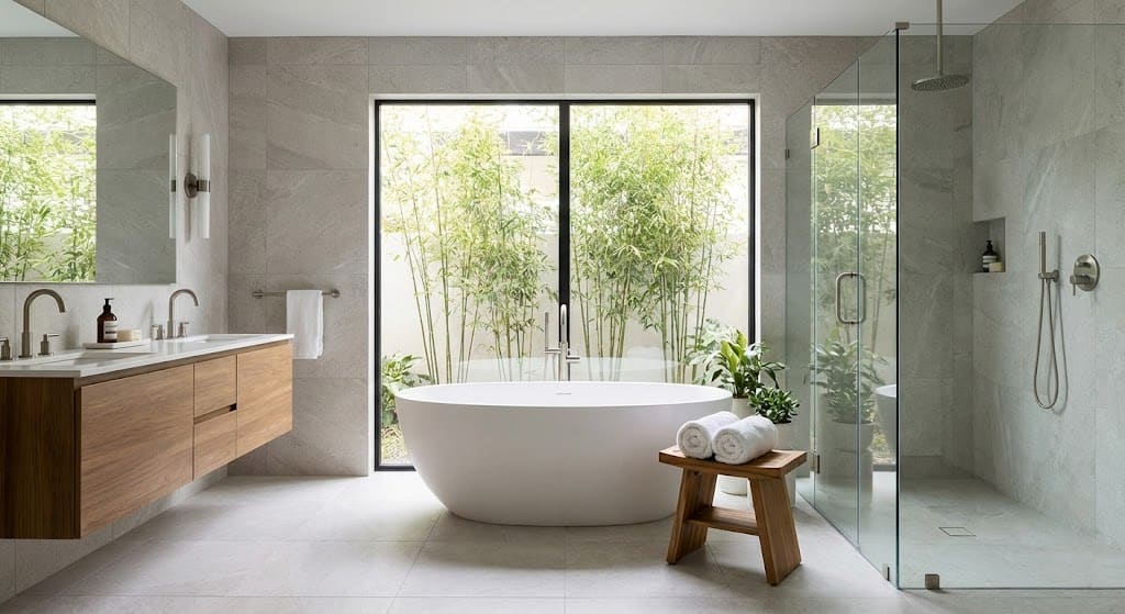 Spa-like bathroom with freestanding soaking tub and modern finishes.