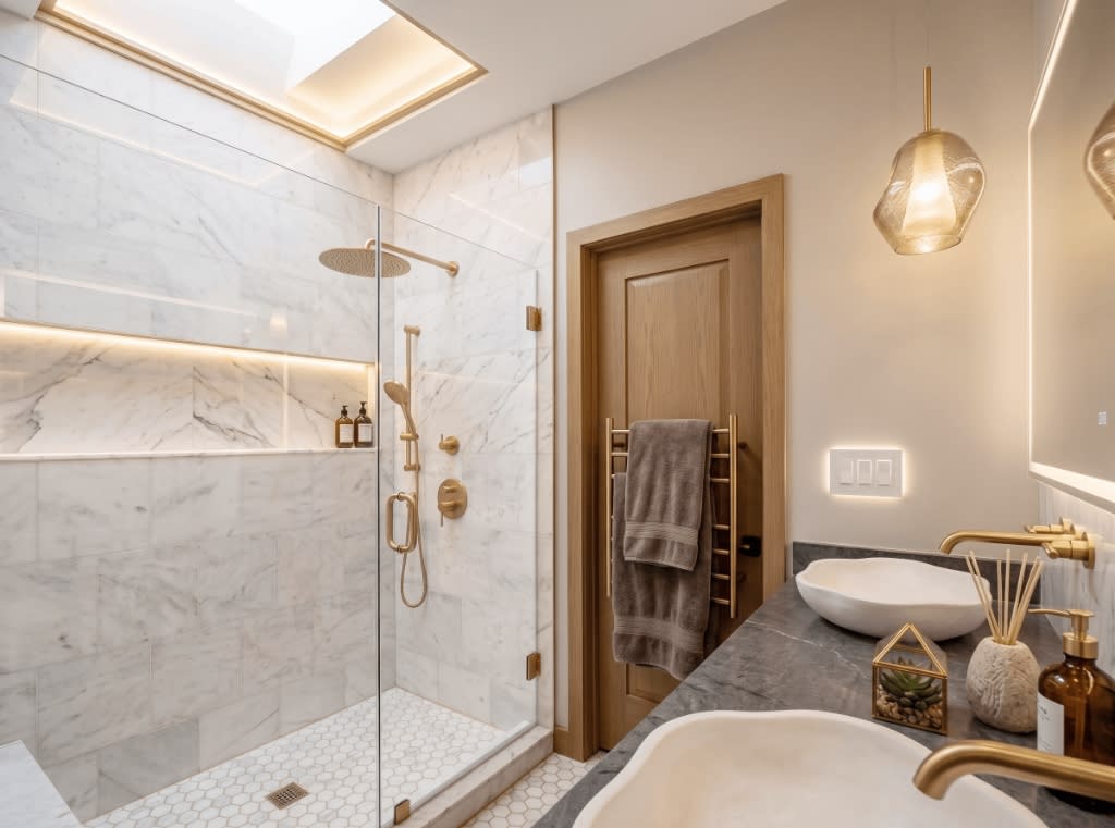 Carrara & Skylight Spa Retreat — dual stone vessel sinks, dark soapstone countertop, wall-mounted gold faucets, and Carrara marble shower with skylight in Washington DC
