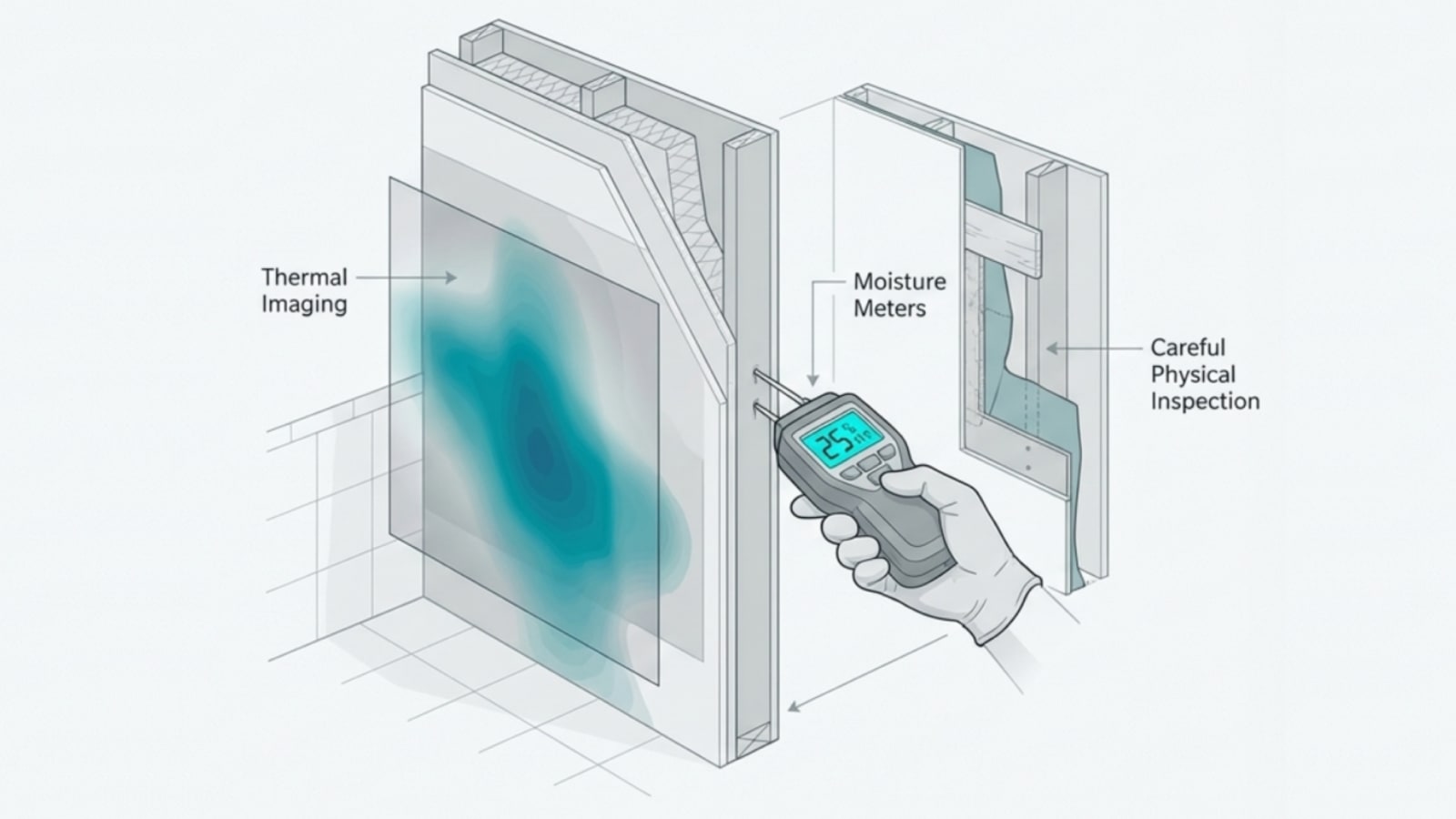 Illustration of thermal imaging, moisture meters, and physical inspection used for mold diagnosis.