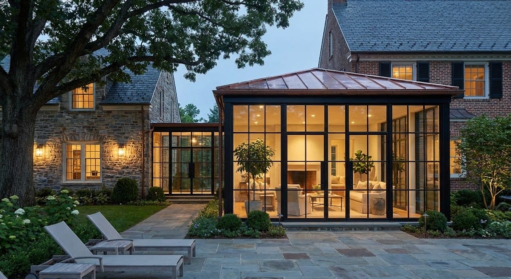 Elegant home addition with large windows connected to the original house.