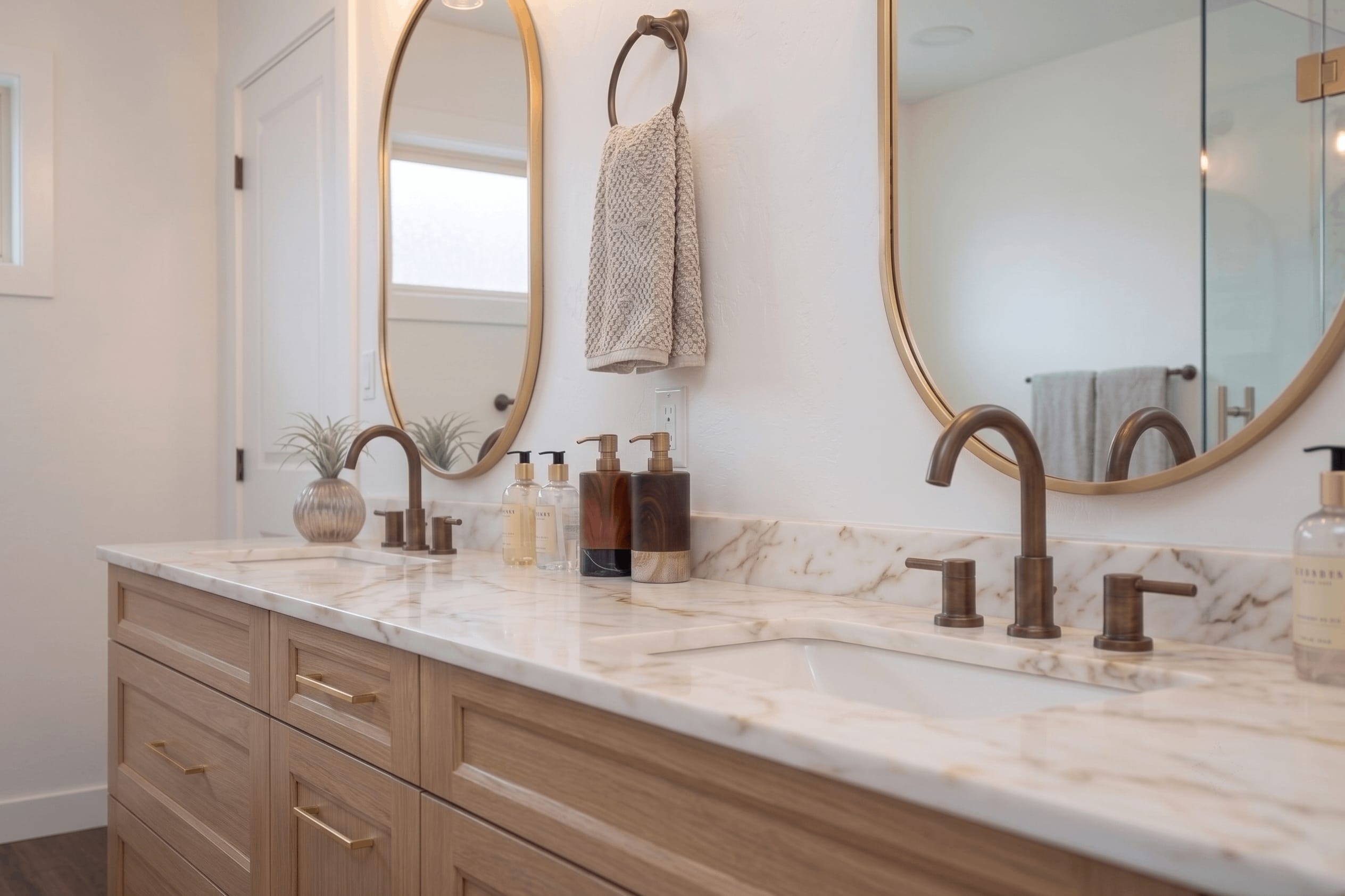 Warm Oak & Brass Spa Sanctuary — frameless glass walk-in shower with brushed brass rain showerhead, Calacatta niche, and dark hex tile floor pan in Washington DC
