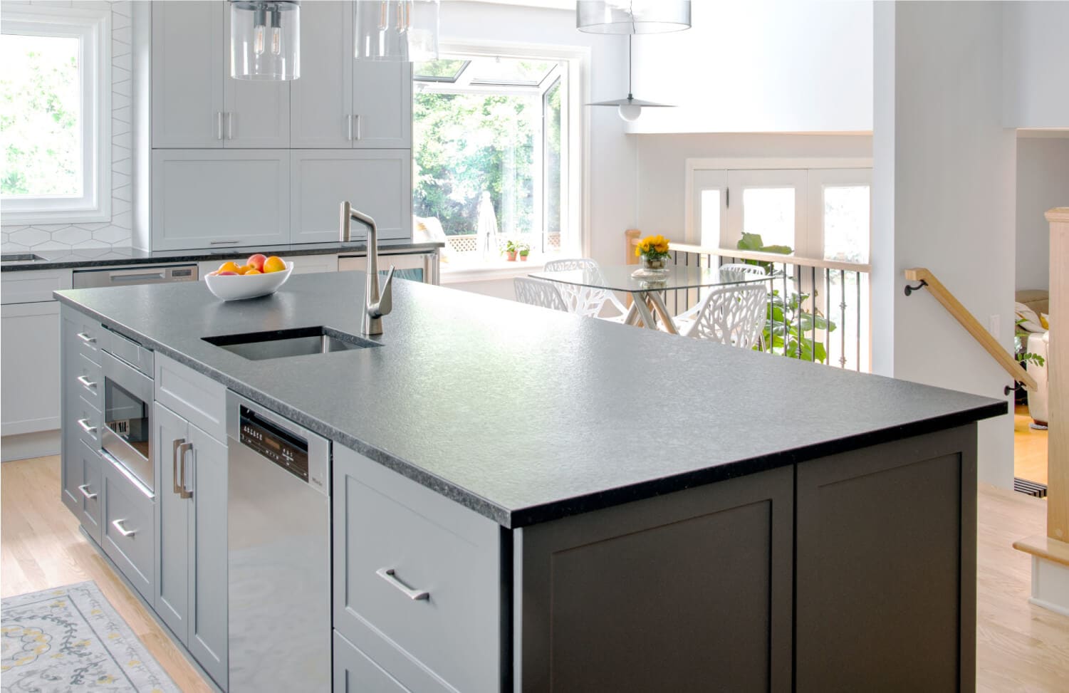 Industrial Urban kitchen remodel showcasing hex tile backsplash and open shelving in Washington DC
