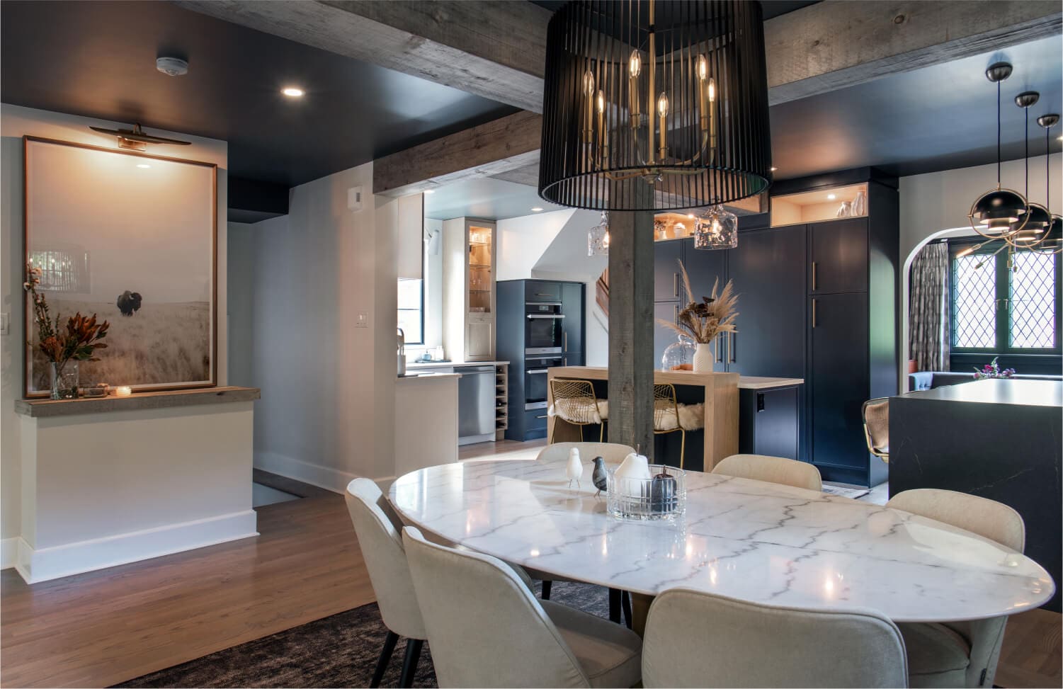 Luxury modern kitchen with waterfall island and integrated cabinetry in Washington DC