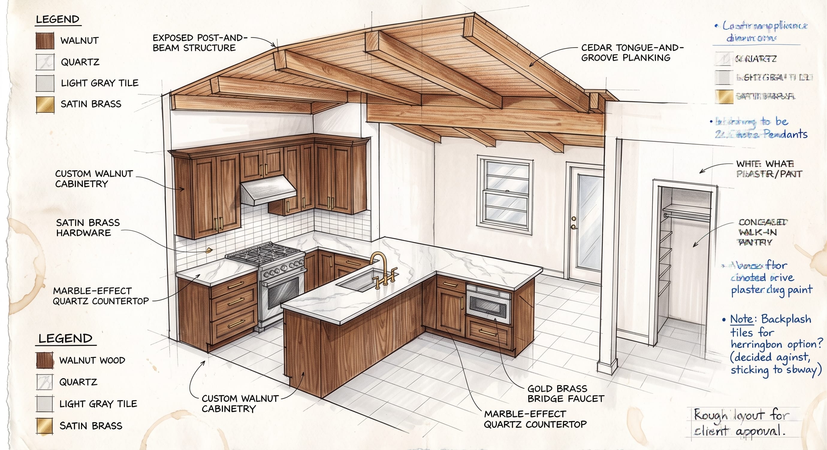 Walnut & Beam Kitchen — architectural 3D sketch and design planning