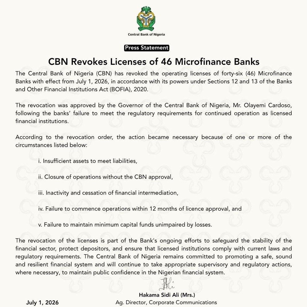 CBN bans 45 micro finance banks. in z/business