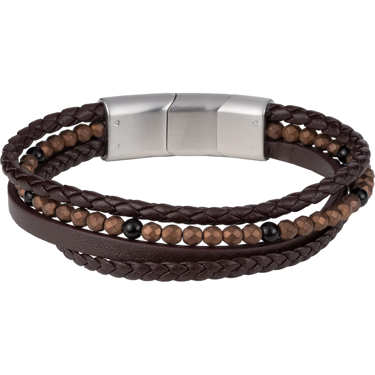 Jacques Lemans Leather Bracelet with Hematite/Onyx Pearls