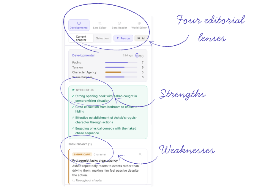 AI Editor panel giving chapter feedback in Writing Desk
