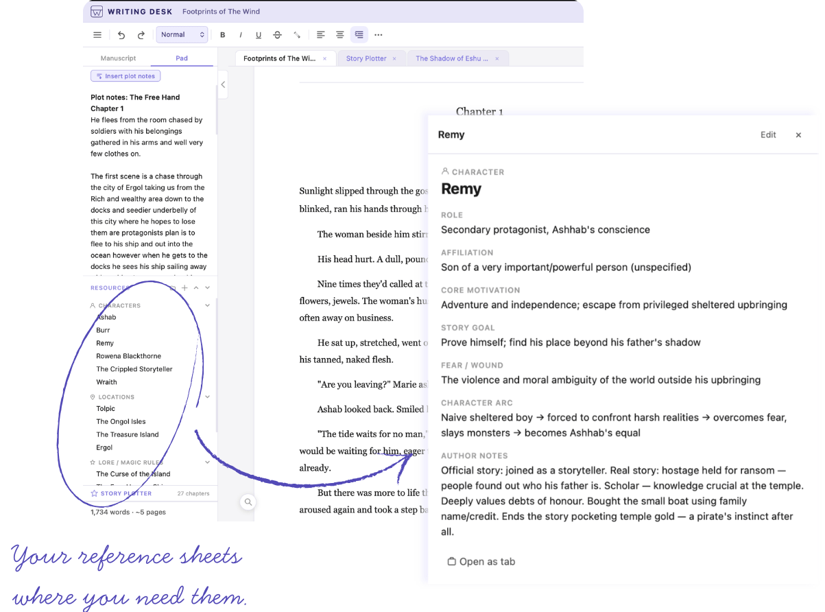 Character sheet from the Resource Hub in Writing Desk