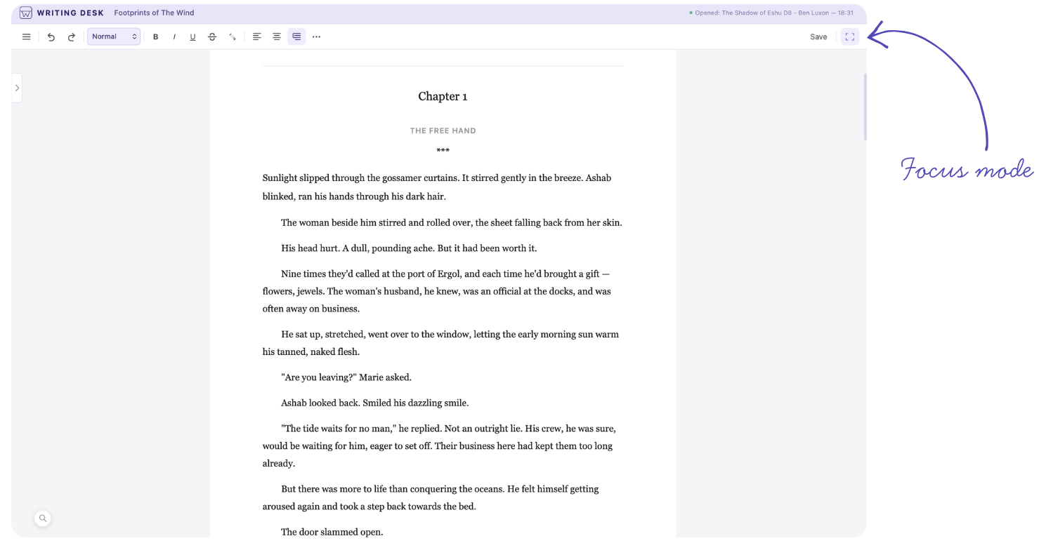 Focus Mode distraction-free writing view in Writing Desk