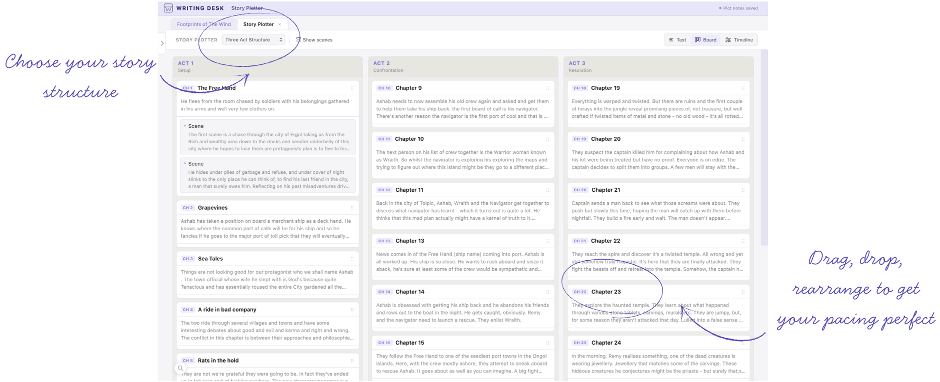 Story Plotter Board view with drag-and-drop chapters