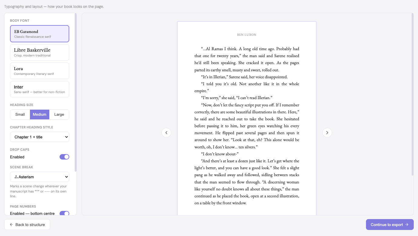 Formatter design controls with live page preview