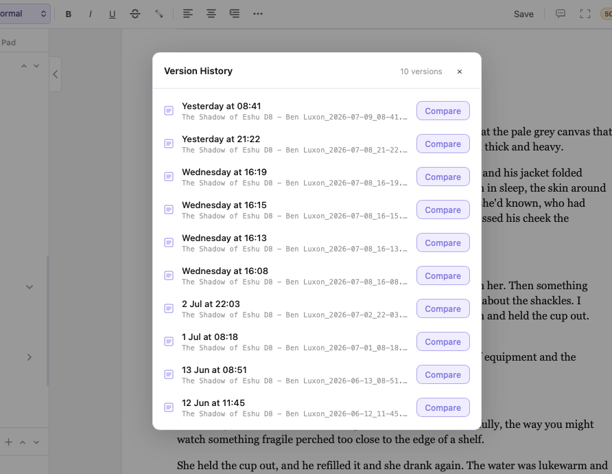 Version History with named, restorable snapshots