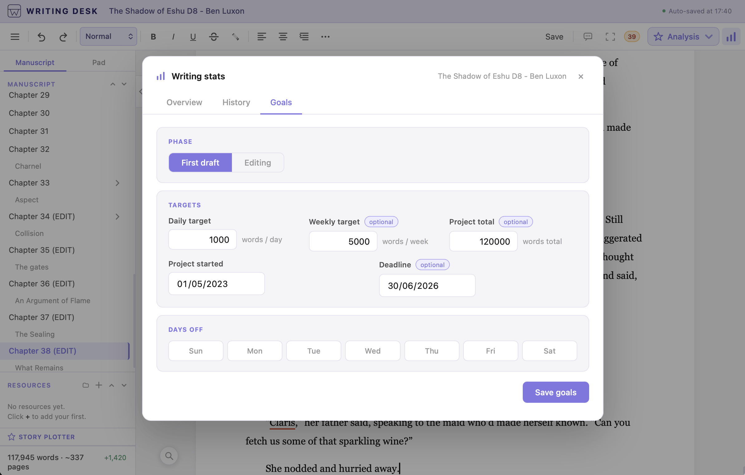 Setting a daily word count goal in Writing Tracker