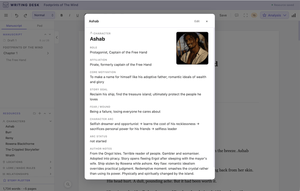 Character sheets in Writing Desk