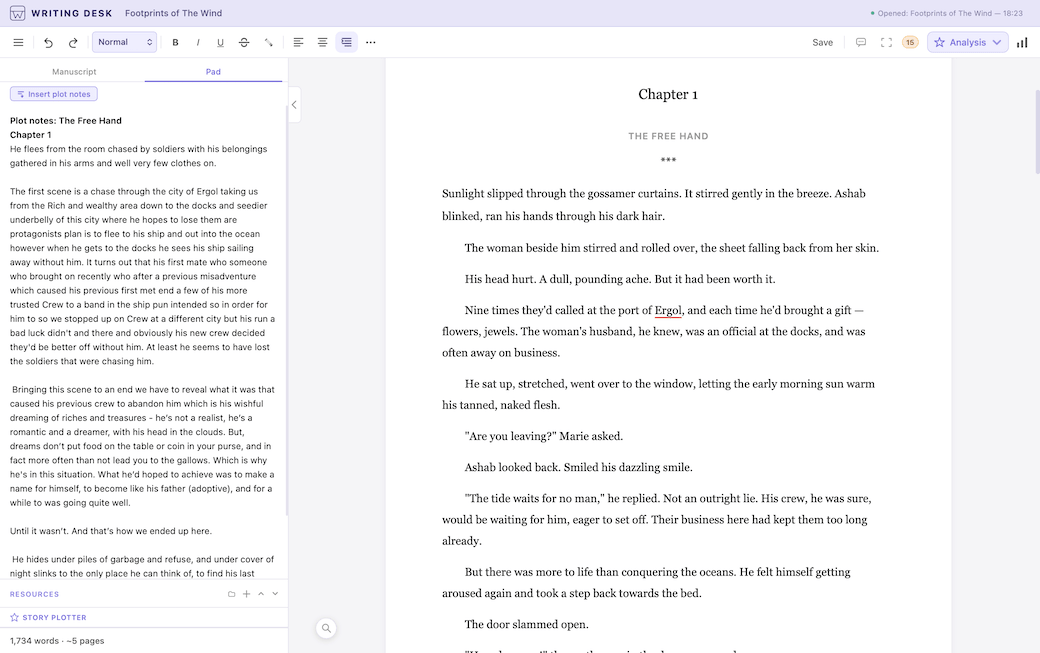 Manuscript with Pad notes open alongside the Story Plotter
