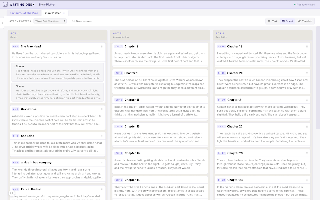 Story Plotter Board view with drag-and-drop chapters