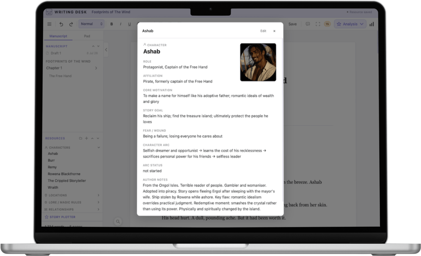A character profile filled out in Writing Desk's Resource Hub
