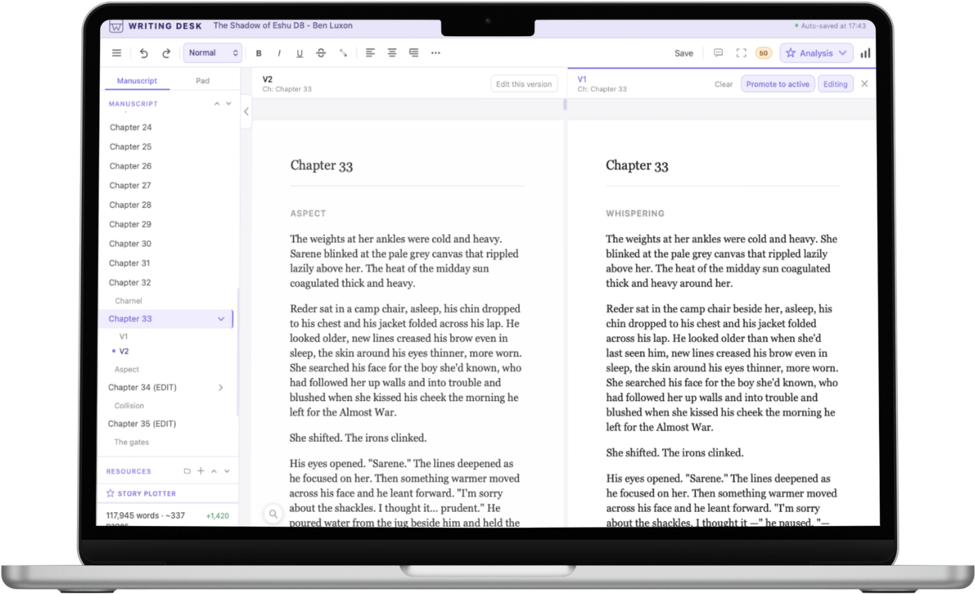 Comparing chapter variants side by side in Writing Desk