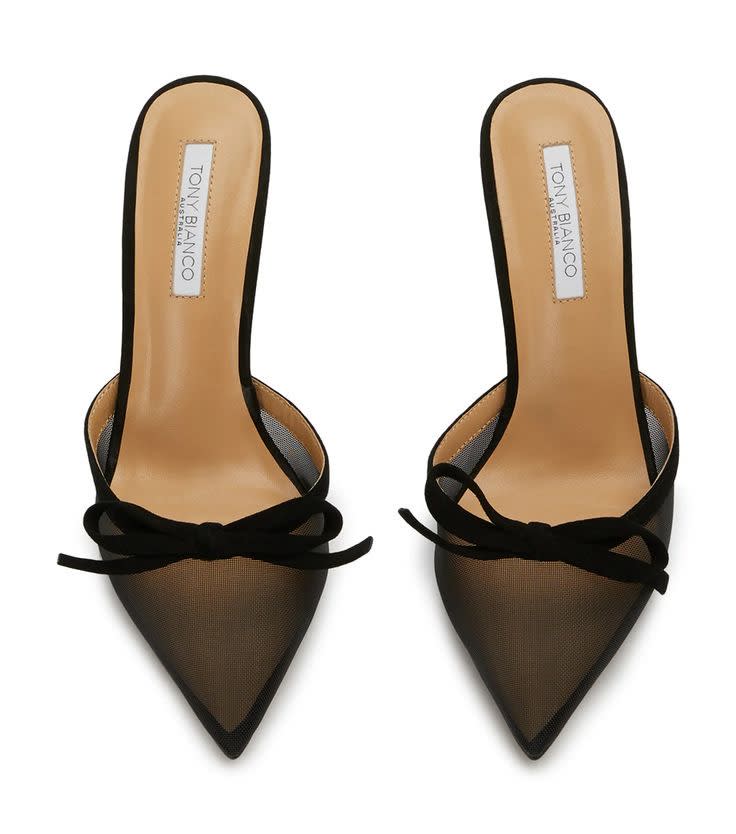 A slip-on mule with terracotta netting