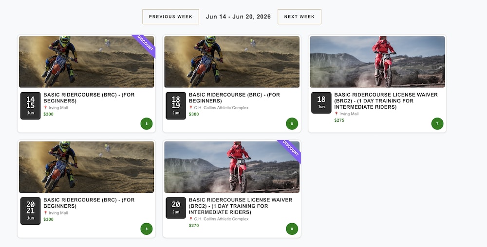 Course registration grid showing dates, locations, prices, and available spots