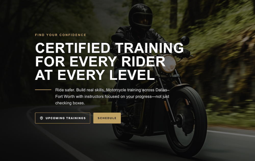 Training school website homepage with hero imagery and booking calls to action