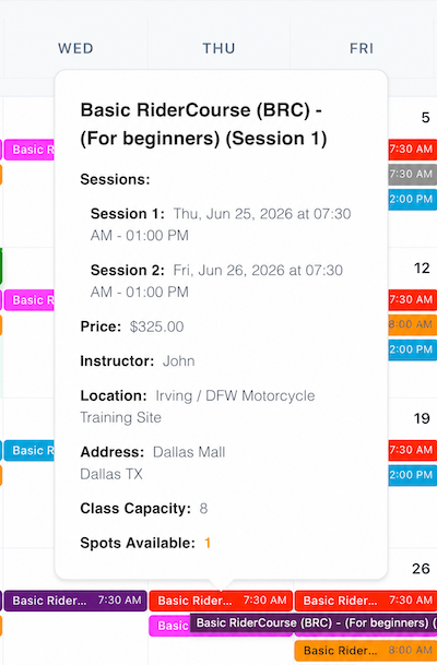 Course detail popover showing sessions, price, instructor, and location on a calendar