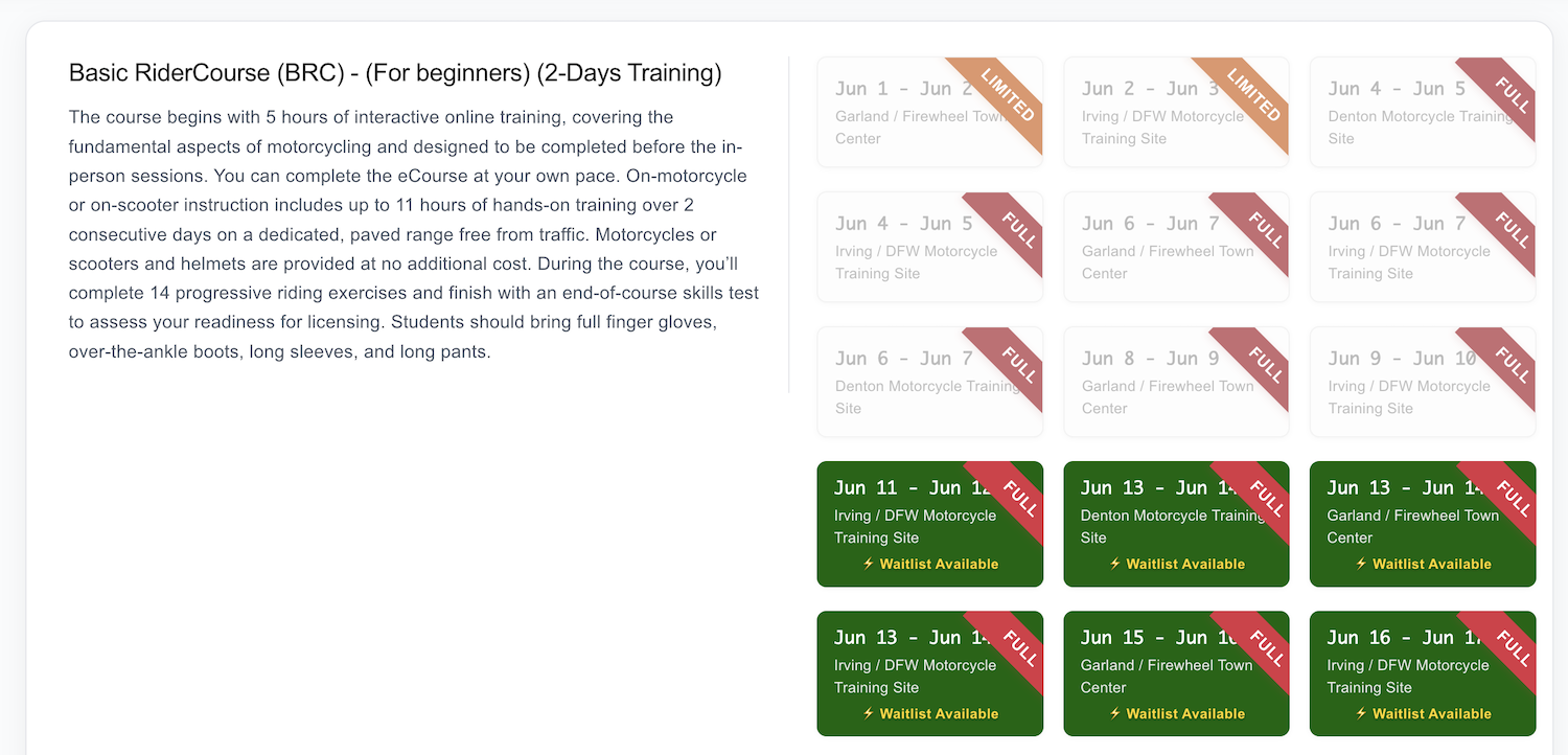 Course schedule grid showing session dates, locations, and waitlist availability