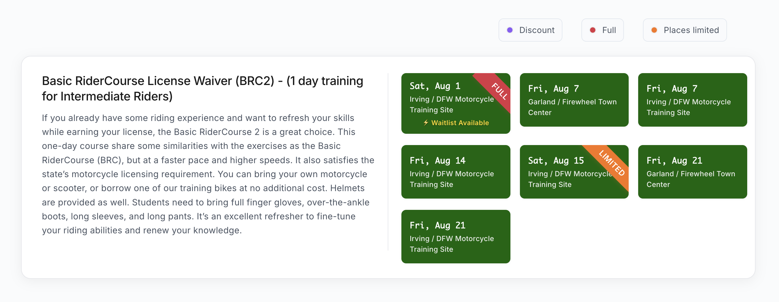 Course page showing class schedule with available dates, limited spots, full sessions, and waitlist options