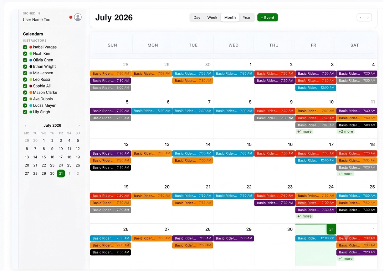 Monthly calendar with color-coded instructor filters, lesson schedule, and day week month year views