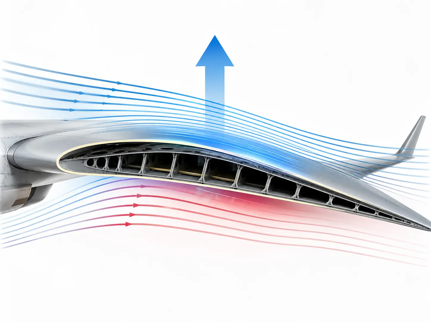 Illustration explaining how lift is generated over an airplane wing